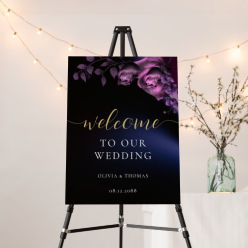 Elegant Moody Black Purple Wedding Welcome Sign