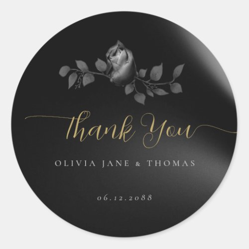 Elegant Moody Black White Floral Wedding Thank You Classic Round Sticker