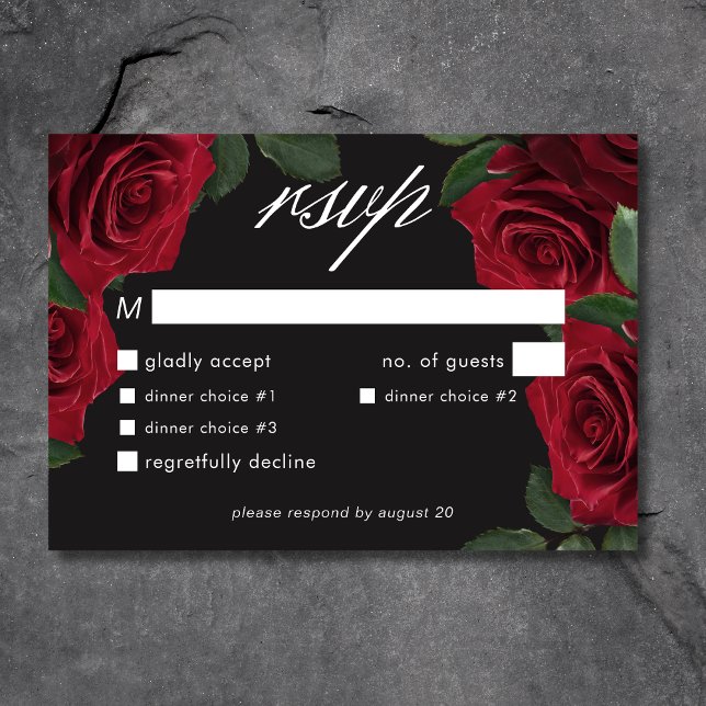 Elegant Moody Blood Red Roses Floral Dinner RSVP Card (Elegant Moody Blood Red Roses Floral Dinner RSVP Card)