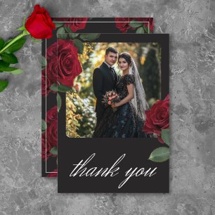 Elegant Moody Blood Red Roses Floral Photo Wedding Thank You Card
