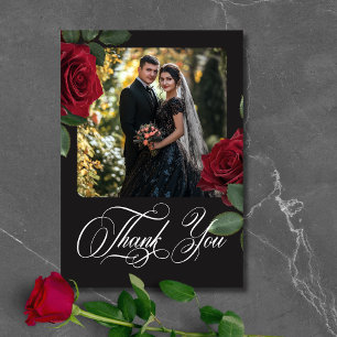 Elegant Moody Blood Red Roses Floral Photo Wedding Thank You Card