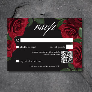Elegant Moody Blood Red Roses Floral QR Code RSVP Card