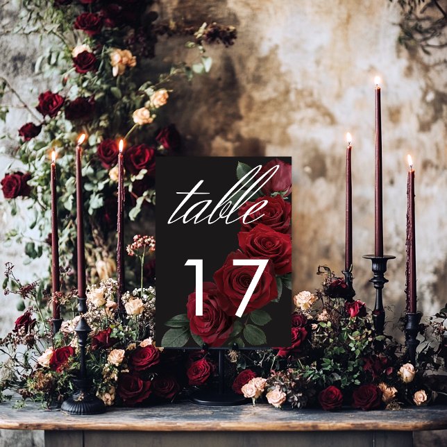 Elegant Moody Blood Red Roses Floral Table Number (Creator Uploaded)