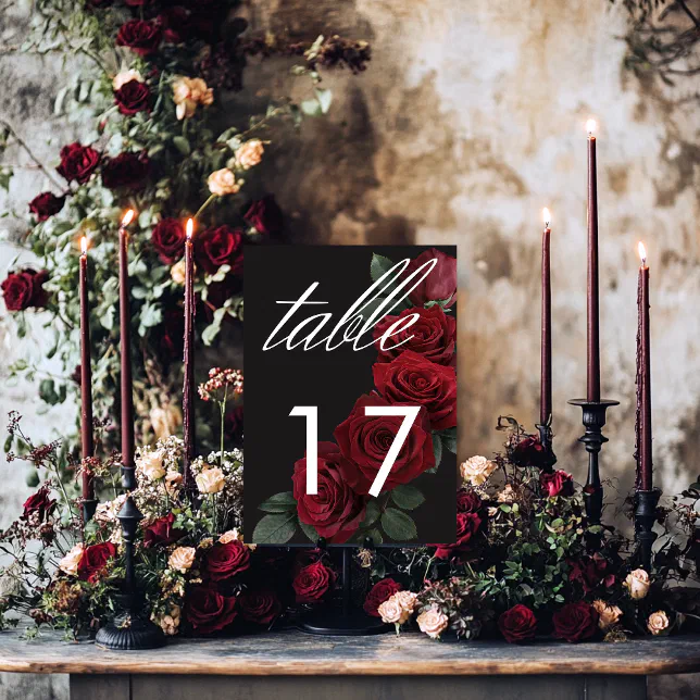 Red Roses Table Numbers Elegant Moody Blood Red Roses Floral Table Number | Zazzle