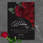 Elegant Moody Blood Red Roses Floral Wedding Invitation<br><div class="desc">Embrace timeless elegance for your gothic-inspired celebration with our captivating wedding invitation. A soft black background provides the perfect canvas for a captivating, yet understated bouquet. Imagine a corner arrangement of muted blood red rose blooms, where rich red hues mingle with dark green foliage. This ethereal design exudes quiet sophistication,...</div>