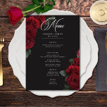 Elegant Moody Blood Red Roses Floral Wedding Menu<br><div class="desc">Embrace timeless elegance for your gothic-inspired celebration with our captivating wedding menu card. A soft black background provides the perfect canvas for a captivating, yet understated bouquet. Imagine a corner arrangement of muted blood red rose blooms, where rich red hues mingle with dark green foliage. This ethereal design exudes quiet...</div>