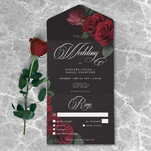Elegant Moody Blood Red Roses Wedding Dinner All In One Invitation (Elegant Moody Blood Red Roses Wedding Dinner All In One Invitation)