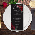 Elegant Moody Blood Red Roses Wedding Menu<br><div class="desc">Embrace timeless elegance for your gothic-inspired celebration with our captivating wedding long menu card. A soft black background provides the perfect canvas for a captivating, yet understated bouquet. Imagine a corner arrangement of muted blood red rose blooms, where rich red hues mingle with dark green foliage. This ethereal design exudes...</div>