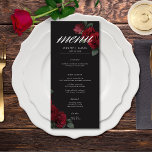 Elegant Moody Blood Red Roses Wedding Menu<br><div class="desc">Embrace timeless elegance for your gothic-inspired celebration with our captivating wedding long menu card. A soft black background provides the perfect canvas for a captivating, yet understated bouquet. Imagine a corner arrangement of muted blood red rose blooms, where rich red hues mingle with dark green foliage. This ethereal design exudes...</div>