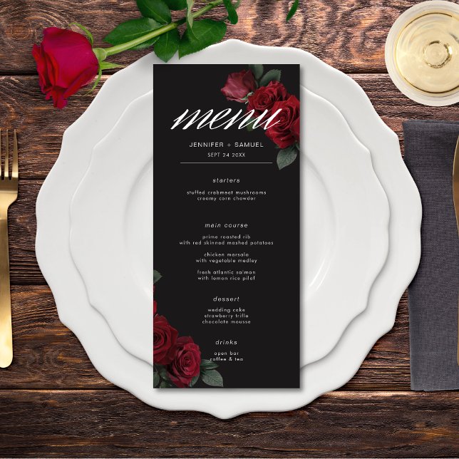 Elegant Moody Blood Red Roses Wedding Menu (Elegant Moody Blood Red Roses Wedding Long Menu)