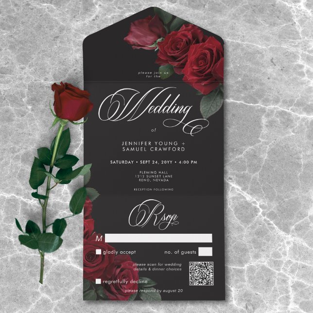 Elegant Moody Blood Red Roses Wedding QR Code All In One Invitation (Elegant Moody Blood Red Roses Wedding QR Code All In One Invitation)