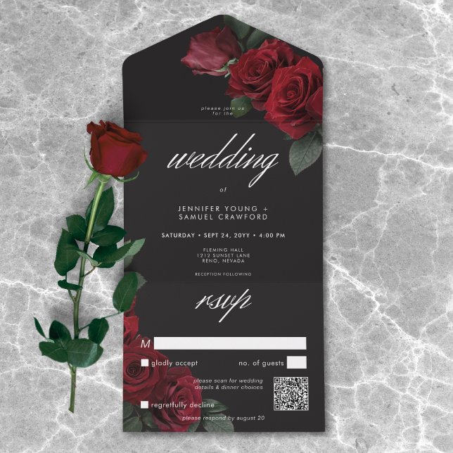 Elegant Moody Blood Red Roses Wedding QR Code All In One Invitation (Elegant Moody Blood Red Roses Wedding QR Code All In One Invitation)