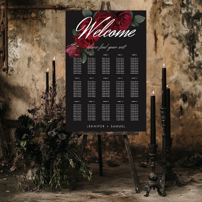 Elegant Moody Blood Red Roses Wedding Seating Foam Board (Elegant Moody Blood Red Roses Wedding Seating Chart)