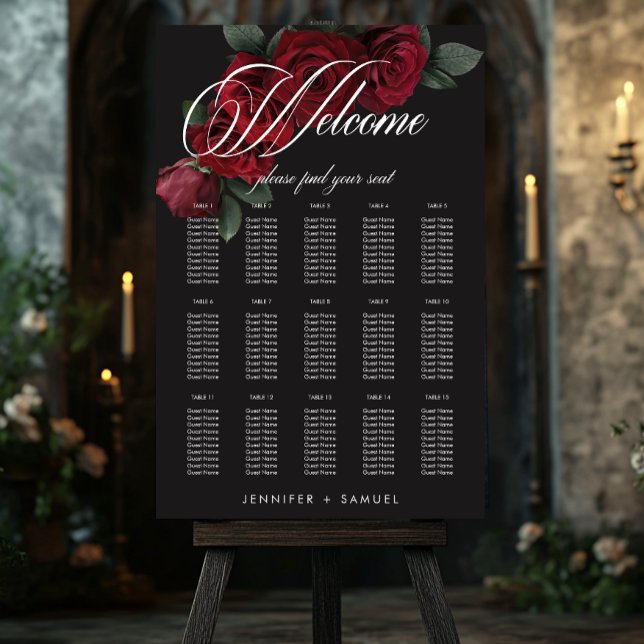 Elegant Moody Blood Red Roses Wedding Seating Foam Board (Elegant Moody Blood Red Roses Floral Wedding Seating Foam Board)