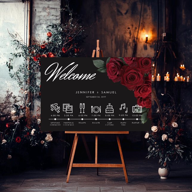 Elegant Moody Blood Red Roses Wedding Timeline Foam Board (Elegant Moody Blood Red Roses Wedding Timeline Sign)