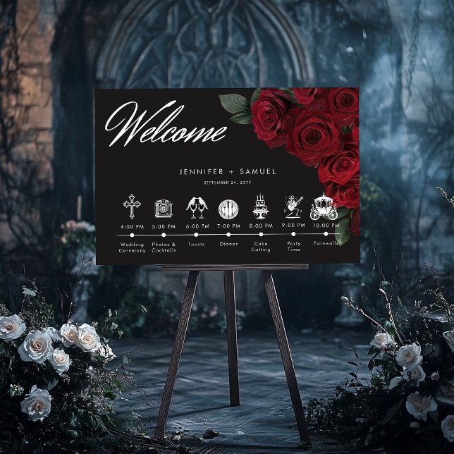 Elegant Moody Blood Red Roses Wedding Timeline Foam Board (Elegant Moody Blood Red Roses Floral Wedding Timeline Sign)