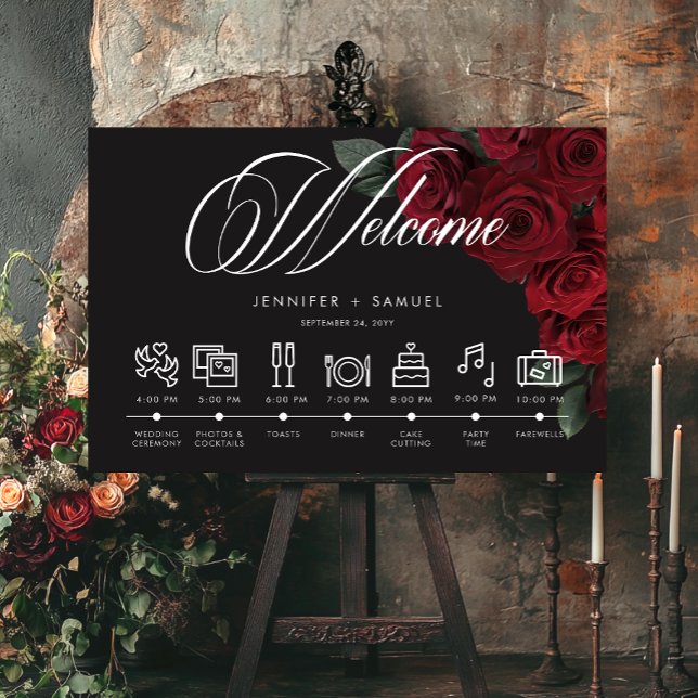 Elegant Moody Blood Red Roses Wedding Timeline Foam Board (Elegant Moody Blood Red Roses Floral Wedding Timeline Cover Photo)