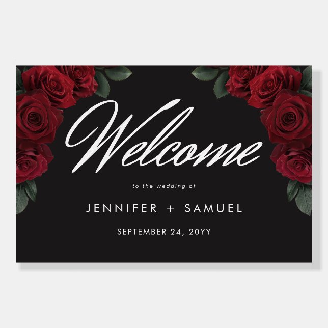 Elegant Moody Blood Red Roses Wedding Welcome Foam Board (Front)