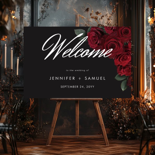 Elegant Moody Blood Red Roses Wedding Welcome Foam Board (Elegant Moody Blood Red Roses Wedding Welcome Sign)