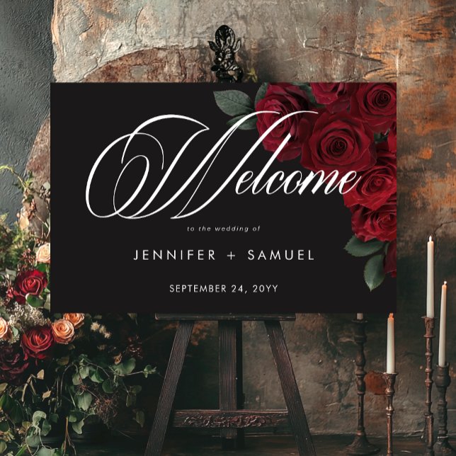 Elegant Moody Blood Red Roses Wedding Welcome Foam Board (Elegant Moody Blood Red Roses Wedding Welcome Foam Board)
