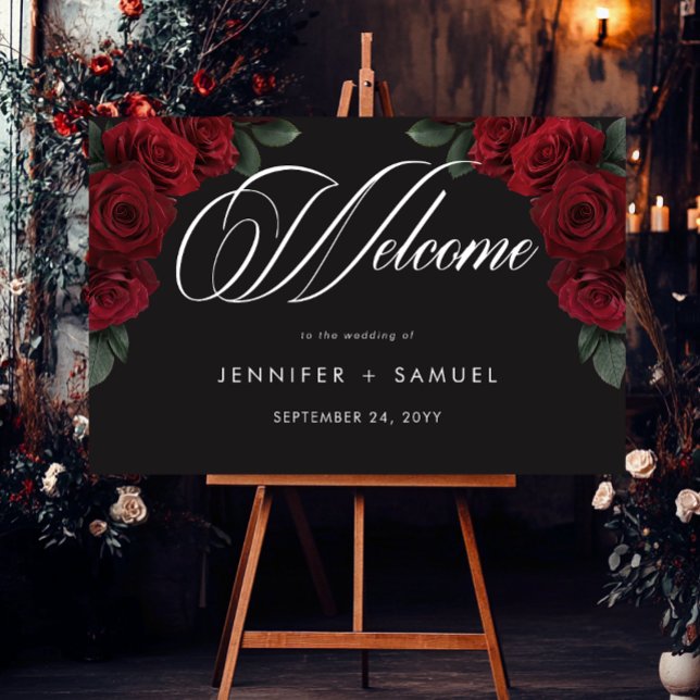 Elegant Moody Blood Red Roses Wedding Welcome Foam Board (Elegant Moody Blood Red Roses Floral Wedding Welcome Foam Board)
