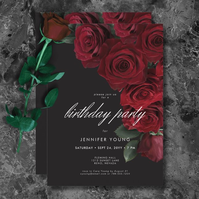 Elegant Moody Blood Roses Floral Birthday Invitation (Elegant Moody Blood Roses Floral Birthday Invitation)