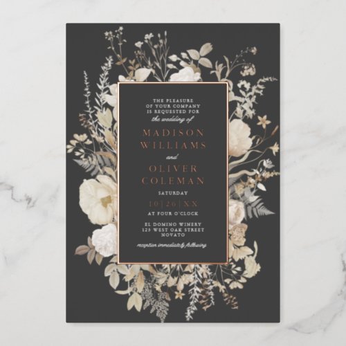 Elegant Moody Boho Floral Frame Wedding REAL Foil Invitation