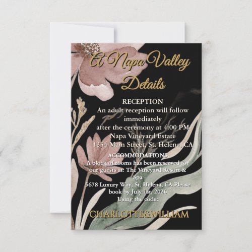 Elegant Moody Botanical Gold Wedding Details Card