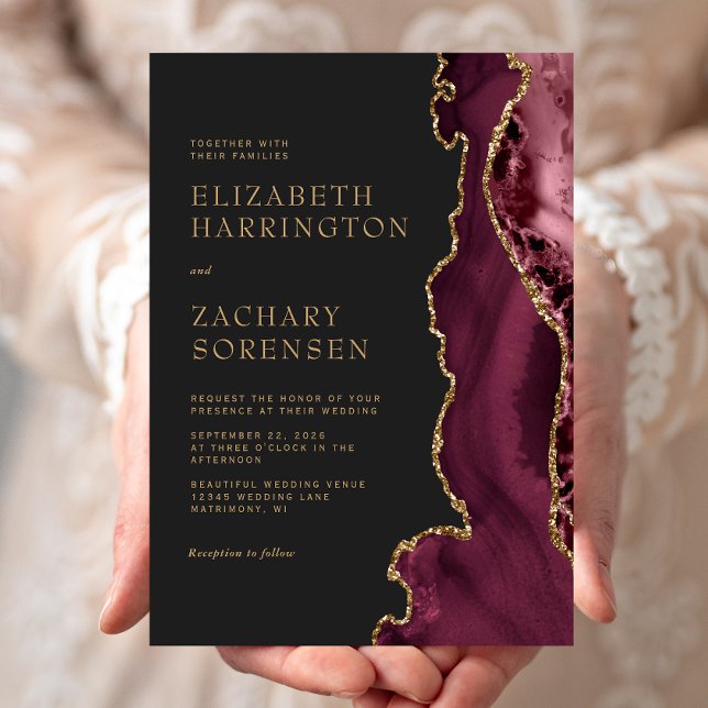 Elegant Moody Burgundy Agate Gold Wedding Invitation (Creator Uploaded)