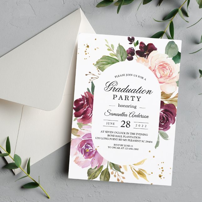 Elegant Moody Burgundy Floral Graduation Party  Invitation (Creator Uploaded)