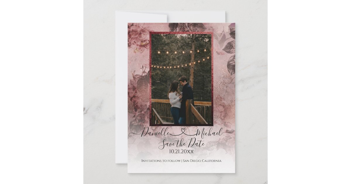 Elegant Moody Burgundy Floral Script Heart Photo Save The Date | Zazzle