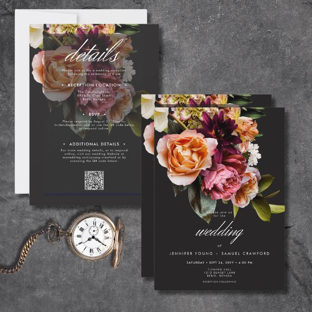 Elegant Moody Burgundy & Pink Floral All In One Invitation (Elegant Moody Burgundy & Pink Floral All In One Invitation)