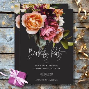 Elegant Moody Burgundy & Pink Floral Birthday Invitation