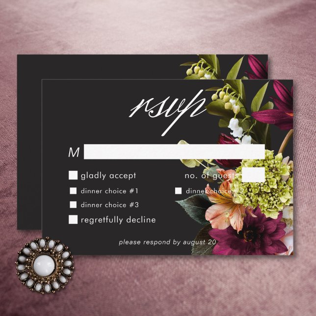Elegant Moody Burgundy & Pink Floral Dinner RSVP Card (Elegant Moody Burgundy & Pink Floral Dinner RSVP Card)