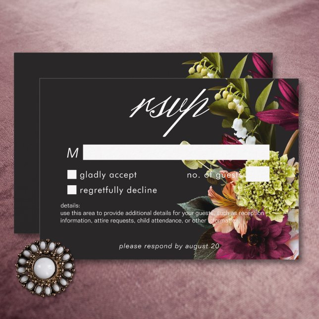 Elegant Moody Burgundy & Pink Floral No Dinner RSVP Card (Elegant Moody Burgundy & Pink Floral No Dinner RSVP Card)