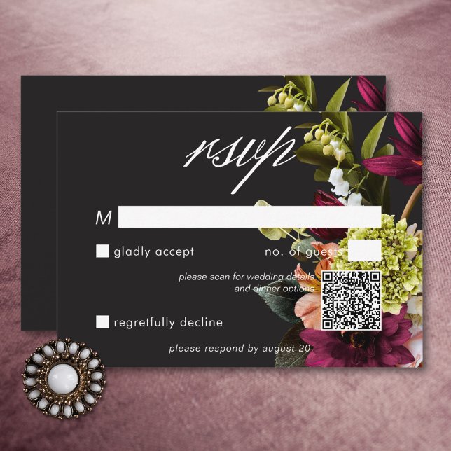 Elegant Moody Burgundy & Pink Floral QR Code RSVP Card (Elegant Moody Burgundy & Pink Floral QR Code RSVP Card)