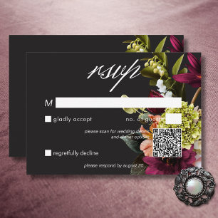 Elegant Moody Burgundy & Pink Floral QR Code RSVP Card
