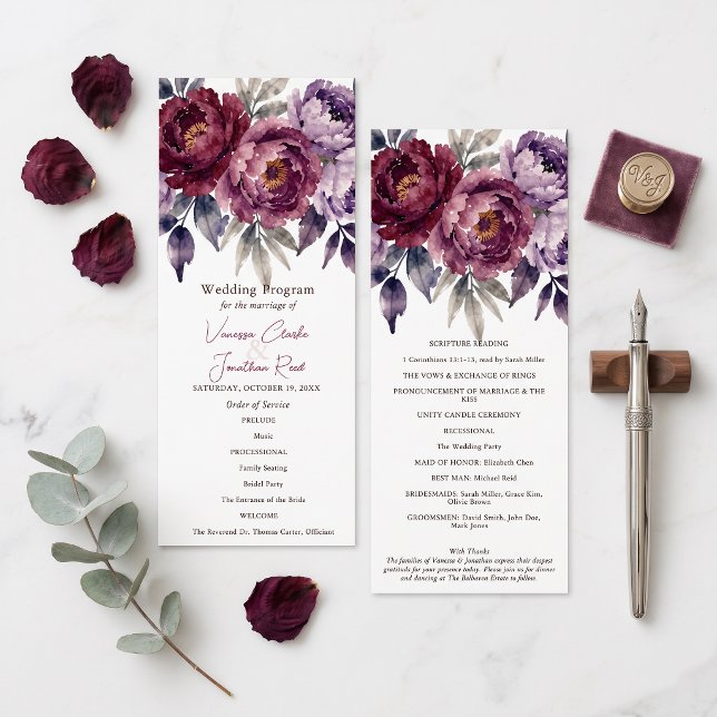 Elegant Moody Burgundy Plum Peony Autumn Wedding Program (Creator Uploaded)
