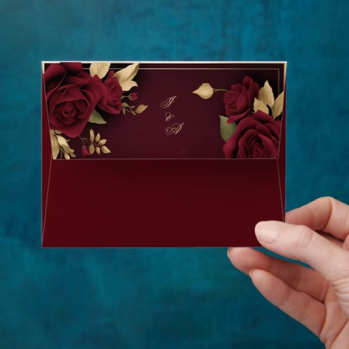 Elegant Moody Burgundy Red Floral and Gold Wedding Envelope