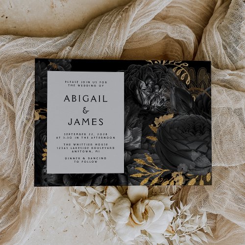 Elegant Moody Dark Floral Black Gold Wedding Invitation