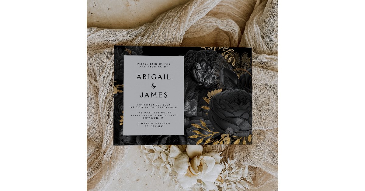 Elegant Moody Dark Floral Black Gold Wedding Invitation | Zazzle