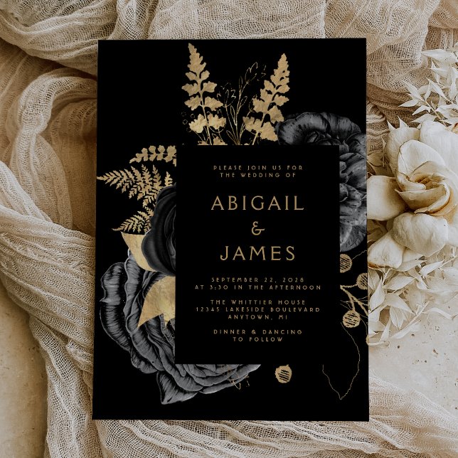 Elegant Moody Dark Floral Black Gold Wedding Invitation (The perfect choice for a romantic black and gold themed wedding.)