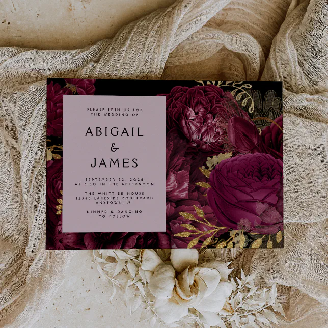 Elegant Moody Dark Floral Burgundy Gold Wedding Invitation | Zazzle