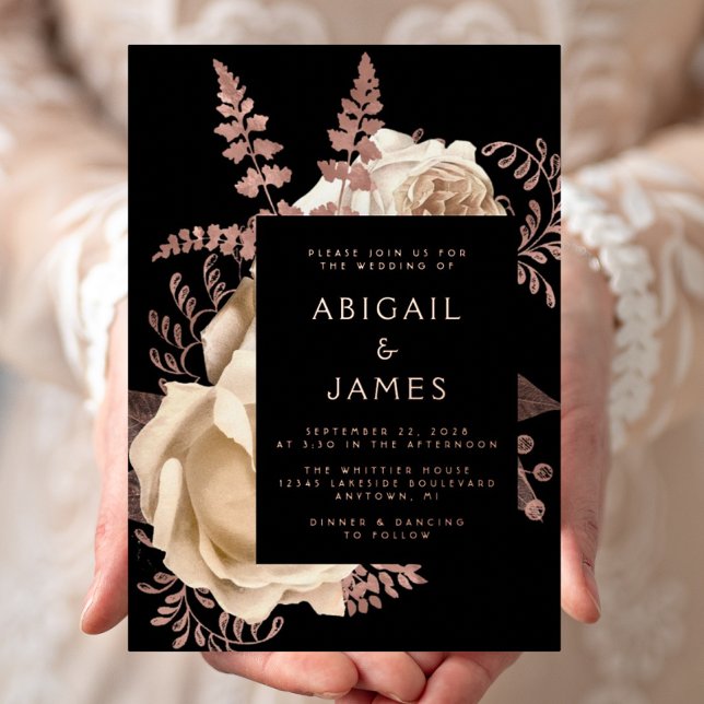 Elegant Moody Dark Floral Ivory Rose Gold Wedding Foil Invitation (Creator Uploaded)
