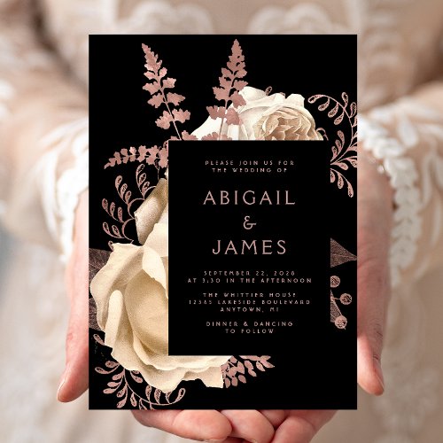 Elegant Moody Dark Floral Ivory Rose Gold Wedding Invitation