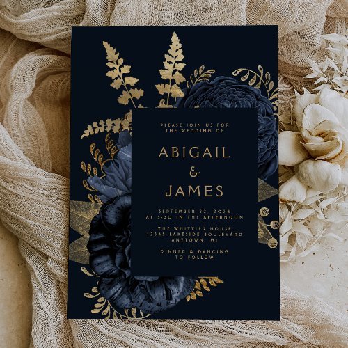 Elegant Moody Dark Floral Navy Blue Gold Wedding Invitation
