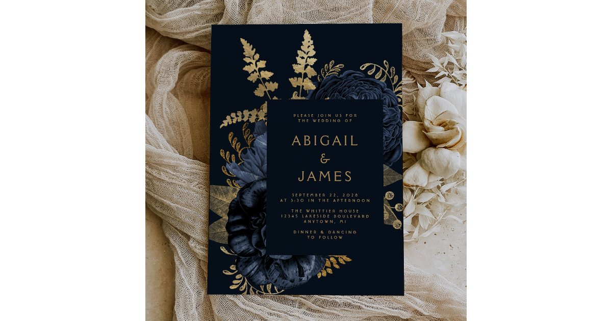 Elegant Moody Dark Floral Navy Blue Gold Wedding Invitation | Zazzle