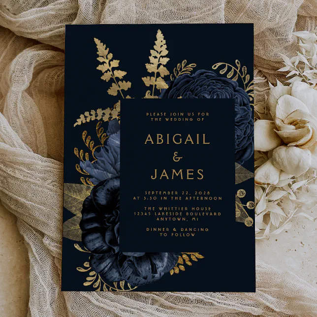 Elegant Moody Dark Floral Navy Blue Gold Wedding Invitation | Zazzle