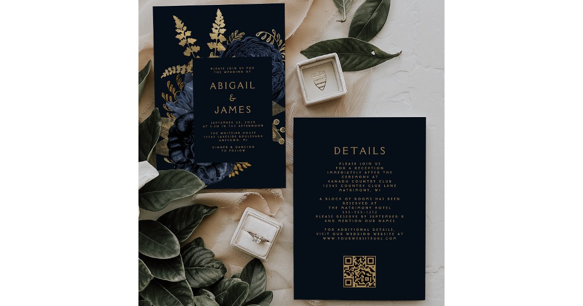 Elegant Moody Dark Floral Navy Blue Gold Wedding Invitation | Zazzle