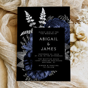 Elegant Moody Dark Floral Navy Blue Silver Wedding Foil Invitation